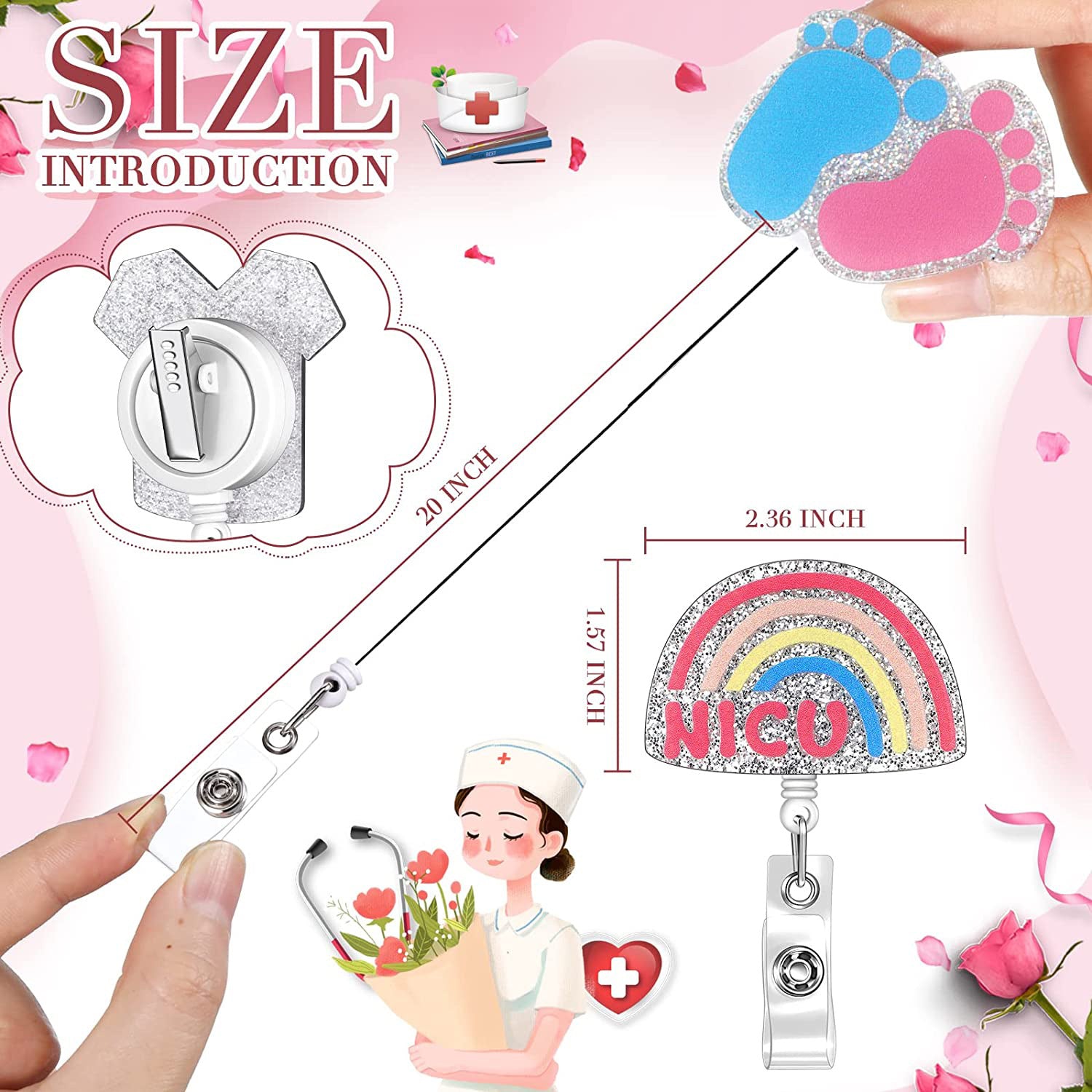Wholesale Badge Reels Glitter Acrylic Baby Bottle Rainbow Retractable Keychain